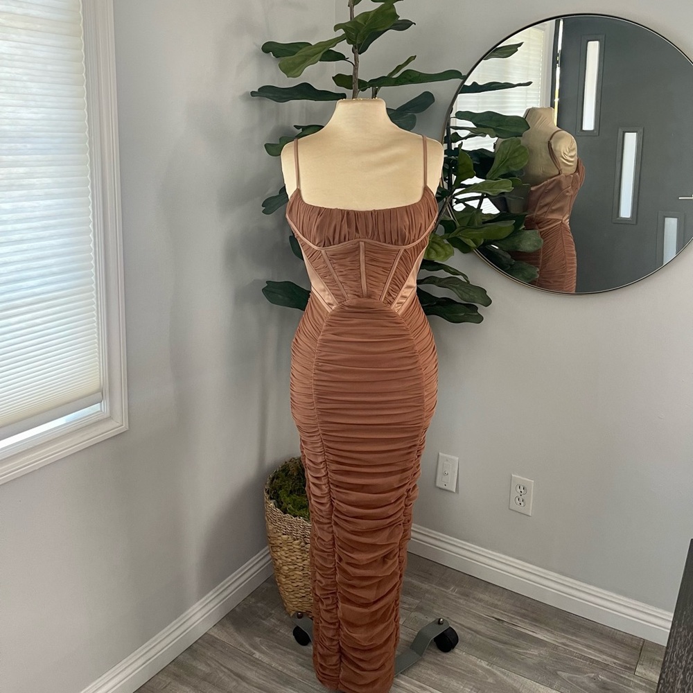 House of CB Lilian Brown Ruched Corset Maxi Dress